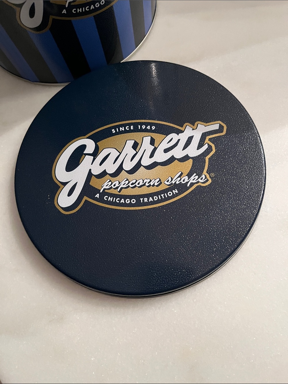 Garrett Popcorn Shops Tin and Shopping Bag - Blue & Black Stripe EMPTY - Picture 12 of 12